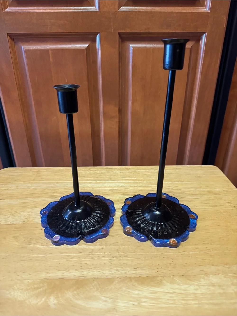 Black Metal Candlestick Holders with Blue Accent Bases. Homemade set of 2